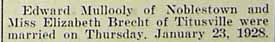 Marriage Notice for Edward MULLOOLY to Elizabeth BRECHT, Thursday, 23 Jan 1928