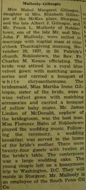 Marriage Notice for Frank L. MULLOOLY to Mabel Margaret Gillespie, 25 Nov 1937