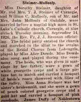 Part 1 Marriage Notice for William C. MULLOOLY to Dorothy Steimer, 14 Sep 1926