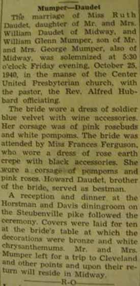 Marriage Notice for William Glenn MUMPER to Ruth Daudet, 25 Oct 1940