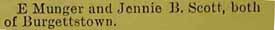 Marriage Notice for E. MUNGER to Jennie B. Scott, no date in 3-28-1896 paper