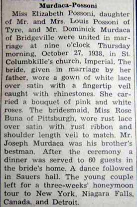 Marriage Notice for Dominick MURDACA to Elizabeth Possoni, 27 Oct 1938