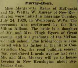 Marriage Notice for Walter W. MURRAY to Margaretta Byers, 24 Jul 1928