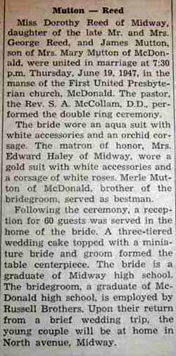 Marriage Notice for James MUTTON to Dorothy Reed, 19 Jun 1947
