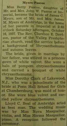 Marriage Notice for James C. MYERS to Betty Pascoe, 16 Oct 1937