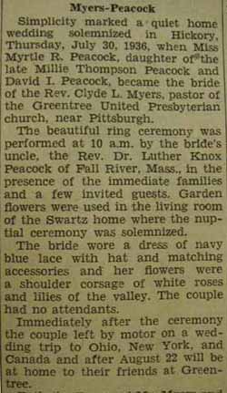 Part 1 Marriage Notice for Clyde L. MYERS to Myrtle R. Peacock, 30 Jul 1936
