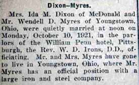 Marriage Notice for Wendell D. MYRES to Mrs. Ida M. Dixon, 10 Oct 1921