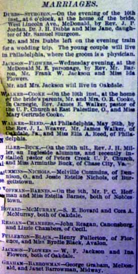 Marriage Notice for S. E. BOVARD to Cora A. McMurray, no date, in 6-12-1897 paper