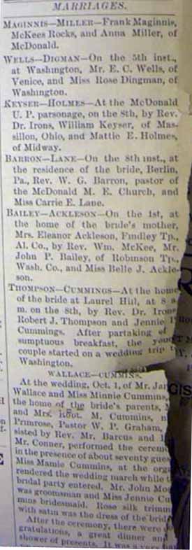 Marriage Notice for Ja----- WALLACE to Minnie Cummins 1 Oct 1896