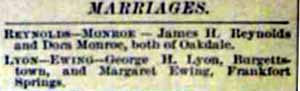 Marriage Notice for James H. REYNOLDS to Dora Monroe, no date, in 10-25-1896 and 10-30-1896 paper