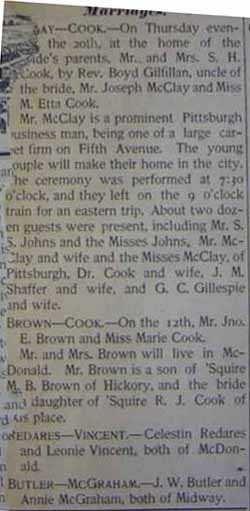 Marriage Notice for Joseph McCLAY to M. Etta Cook, 20 Sep 1900