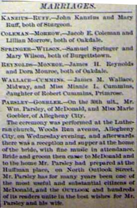 Marriage Notice for WM. PARSLEY to Marie Goebler, 30 Sep 1896