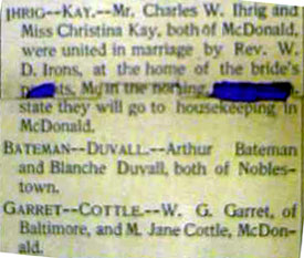 Marriage Notice for Charles W. IHRIG to Christina Kay, no date, in 12-29-1900 paper