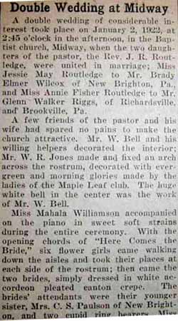 Part1 Marriage Notices Two sisters Jessie May ROUTLEDGE to Brady Elmer WILCOX, Annie Fisher ROUTLEDGE to Glenn Walker RIGGS