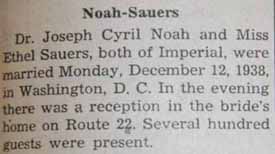 Marriage Notice for Joseph Cyril NOAH to Ethel Sauers, 12 Dec 1938