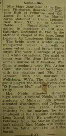 Marriage notice for 
James R. NOBLE to Mary Jane Bish, 25 Dec 1943