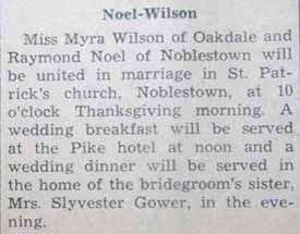 Marriage Notice for Raymond NOEL to Myra Wilson, 24 Nov 1938