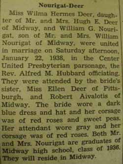 Marriage Notice for William G. NOURIGAT to Wilma Hermes Deer, 22 Jan 1938