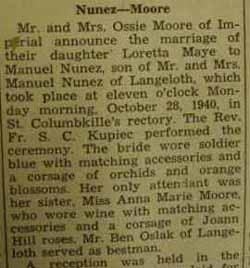 Part 1 Marriage Notice for Manuel NUNEZ to Loretta Maye Moore, 28 Oct 1940