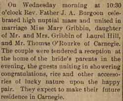 Marriage Notice for Thomas O'ROURKE to Mary Gribbin, no date, in 6-9-1905 paper