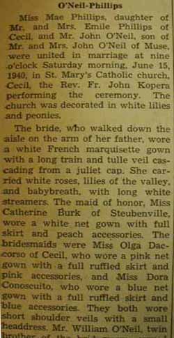 Part 1 Marriage Notice for John O'NEIL to Mae Phillips, 15 Jun 1940