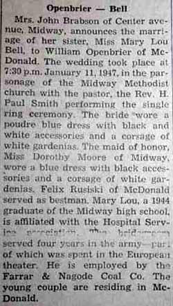 Marriage Notice for John OPENBRIER to Leona Struth, 31 Oct 1922