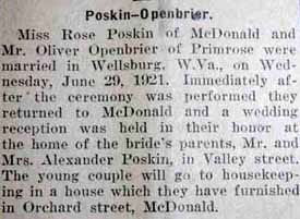 Marriage Notice for Oliver OPENBRIER to Rose Poskin, 29 Jun 1921