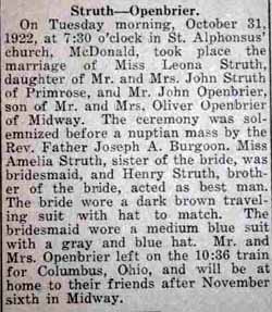 Marriage Notice for John OPENBRIER to Leona Struth, 31 Oct 1922