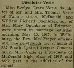 Marriage Notice for William Richard OPENBRIER to Evelyn Grace Vezie, 15 May 1937