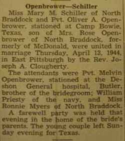 Marriage Notice for Oliver A. OPENBROWER to Mary M. Schiller, 13 Apr 1944