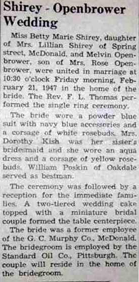 Marriage Notice for Melvin OPENBROWER to Betty Marie Shirey, 21 Feb 1947