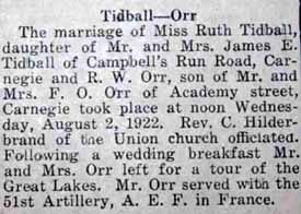 Marriage Notice for R. W. ORR to Ruth Tidball, 2 Aug 1922