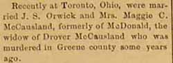  J. S. ORWICK to Mrs. Maggie C. McCAUSLAND, widow of Drover McCAUSLAND, no date, before January 2, 1892