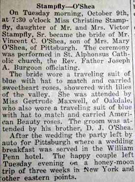 Marriage Notice for Vincent C. O'SHEA to Christine Stampfly, 9 Oct 1923
