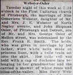 Article 1 Marriage Notice for John Shipman OSLER to Genevieve Webster, no date, in 9-12-1929 paper