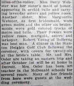 Article 2 Marriage Notice for John Shipman OSLER to Genevieve Webster, no date, in 9-12-1929 paper