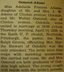 Marriage Notice for Walter OSMOND to Adelaide Frances Adams, 14 Apr 1938