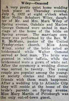 Article 1 Marriage Notice for Marlow (or Morrow) George OSMOND to Nellie Schubert Wiley, 6 Jul 1922