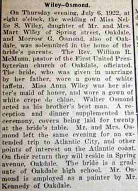 Article 2 Marriage Notice for Marlow (or Morrow) George OSMOND to Nellie Schubert Wiley, 6 Jul 1922