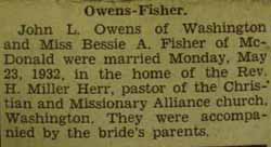 Marriage Notice 
        John L. OWENS to Bessie A. Fisher, May 23, 1932