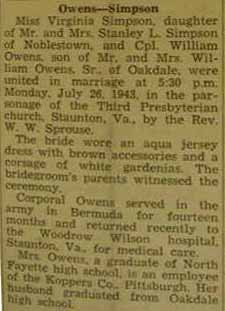 Marriage Notice for William OWENS to Virginia Simpson, 26 Jul 1943