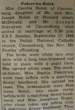 Part 1 Marriage Notice for 
Joseph POKRZYWA to Ceclia Rolek, 17 Sep 1939