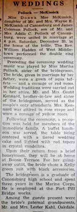 Marriage Notice for James Coleman POLLOCK to Donna Mae McKissick, 20 Dec 1947