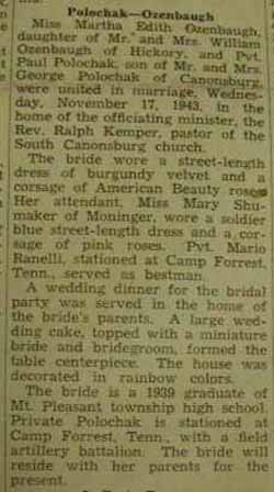 Marriage notice for Paul POLOCHAK to Martha Edith Ozenbaugh, 17 Nov 1943
