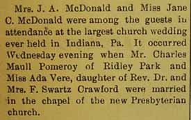 Marriage Notice for Charles Maull POMEROY to Ada Vere Crawford, no date, in 6-23-1905 paper