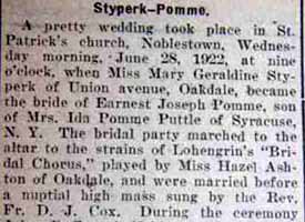 Part 1 Marriage Notice for Earnest Joseph POMME to Mary Geraldine Styperk, 28 Jun 1922