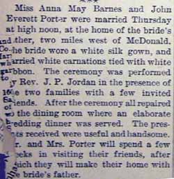 Marriage Notice for  John Everett PORTER to Anna May BARNES, Thurs., Feb. no date, 1904