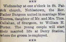Marriage Notice for William H. PORTER to Theresa Callahan, no date, in 10-21-1905 paper