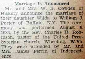 Marriage Notice for William J. PORTER to Wilda Cowden, 6 Aug 1934