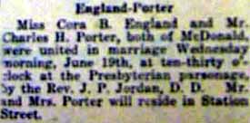 Marriage Notice for Charles H. PORTER to Cora R. England, 19 Jun 1918
